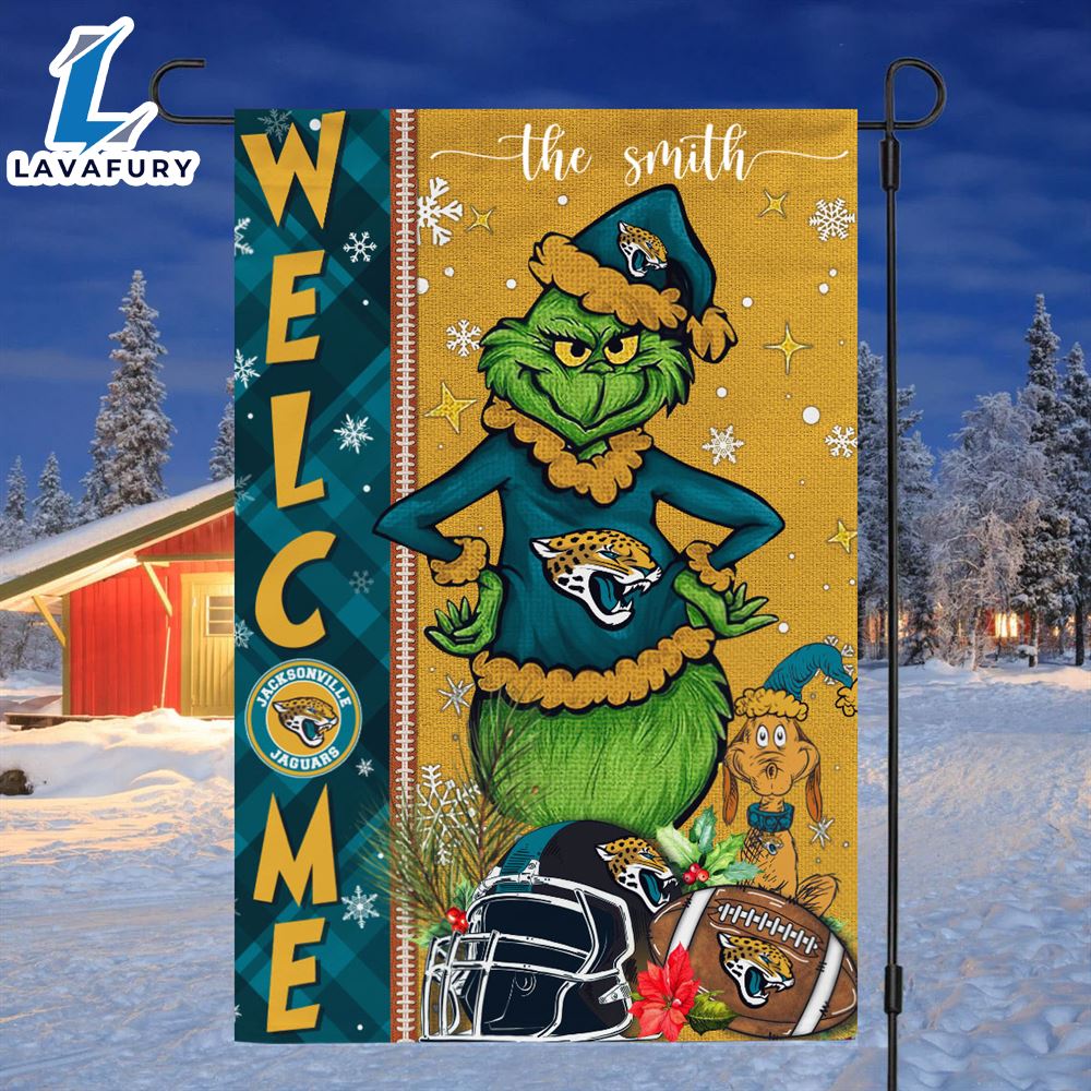 NFL Jacksonville Jaguars Grinch Football Christmas Welcome Garden Flag Custom Name