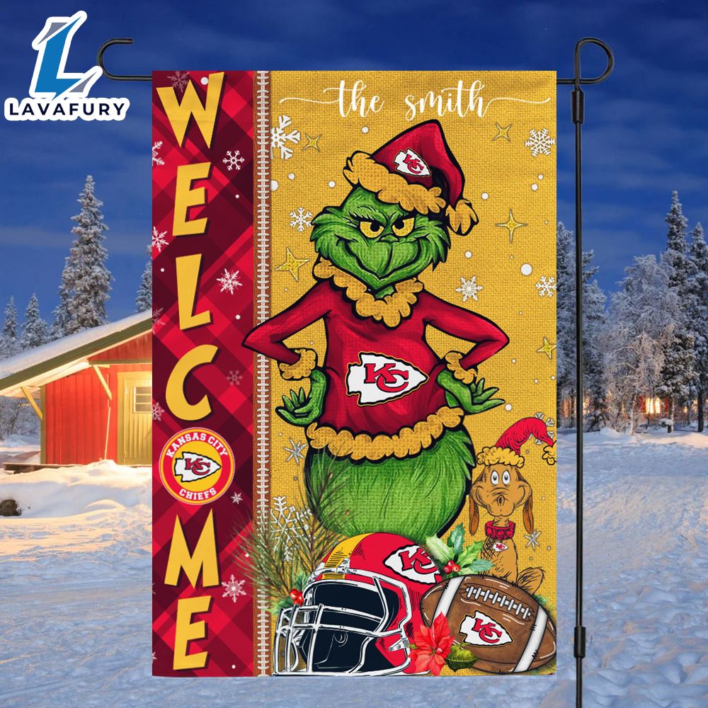 NFL Kansas City Chiefs Grinch Football Christmas Welcome Garden Flag Custom Name