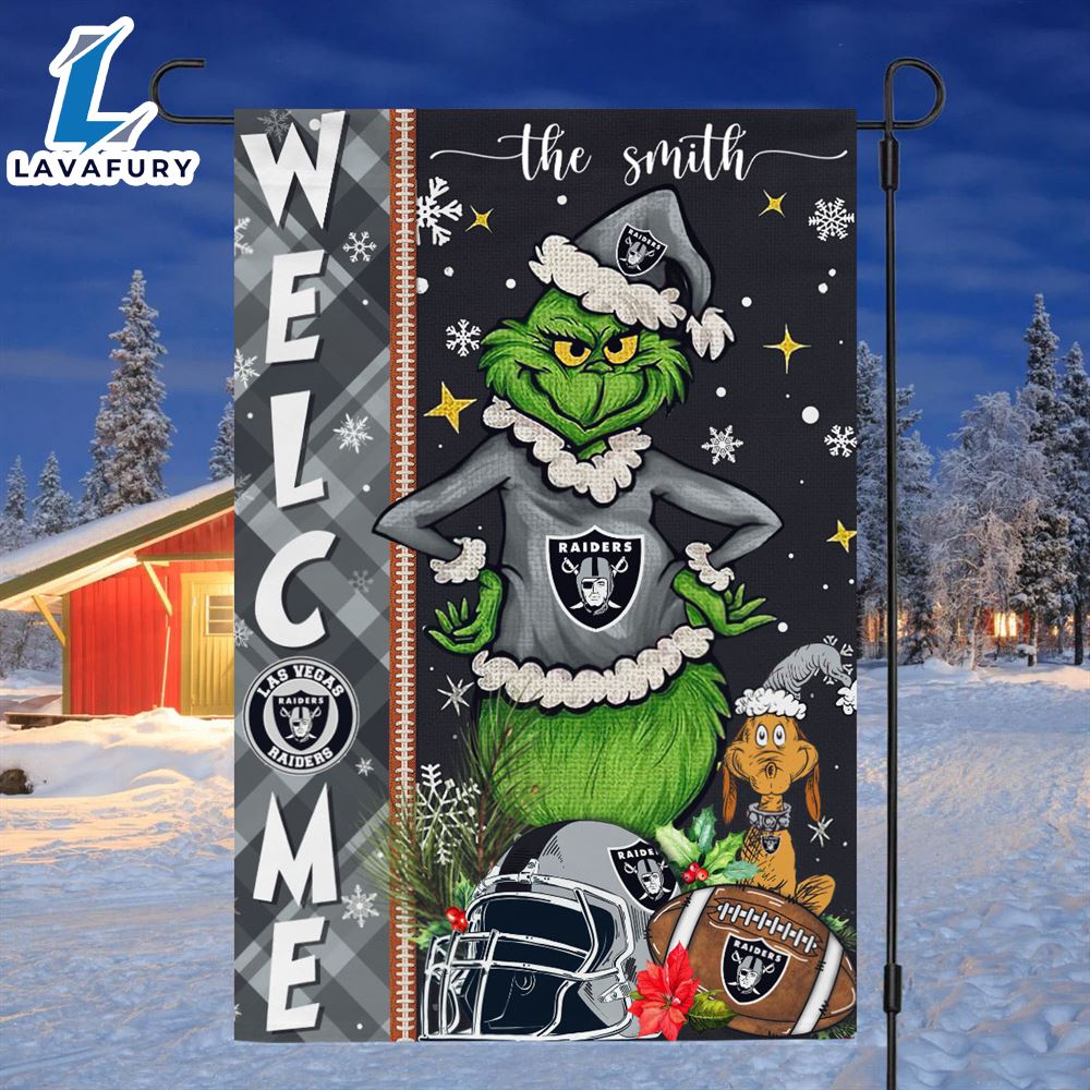 NFL Las Vegas Raiders Grinch Football Christmas Welcome Garden Flag Custom Name