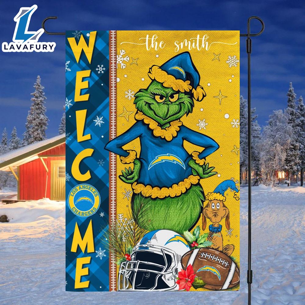 NFL Los Angeles Chargers Grinch Football Christmas Welcome Garden Flag Custom Name