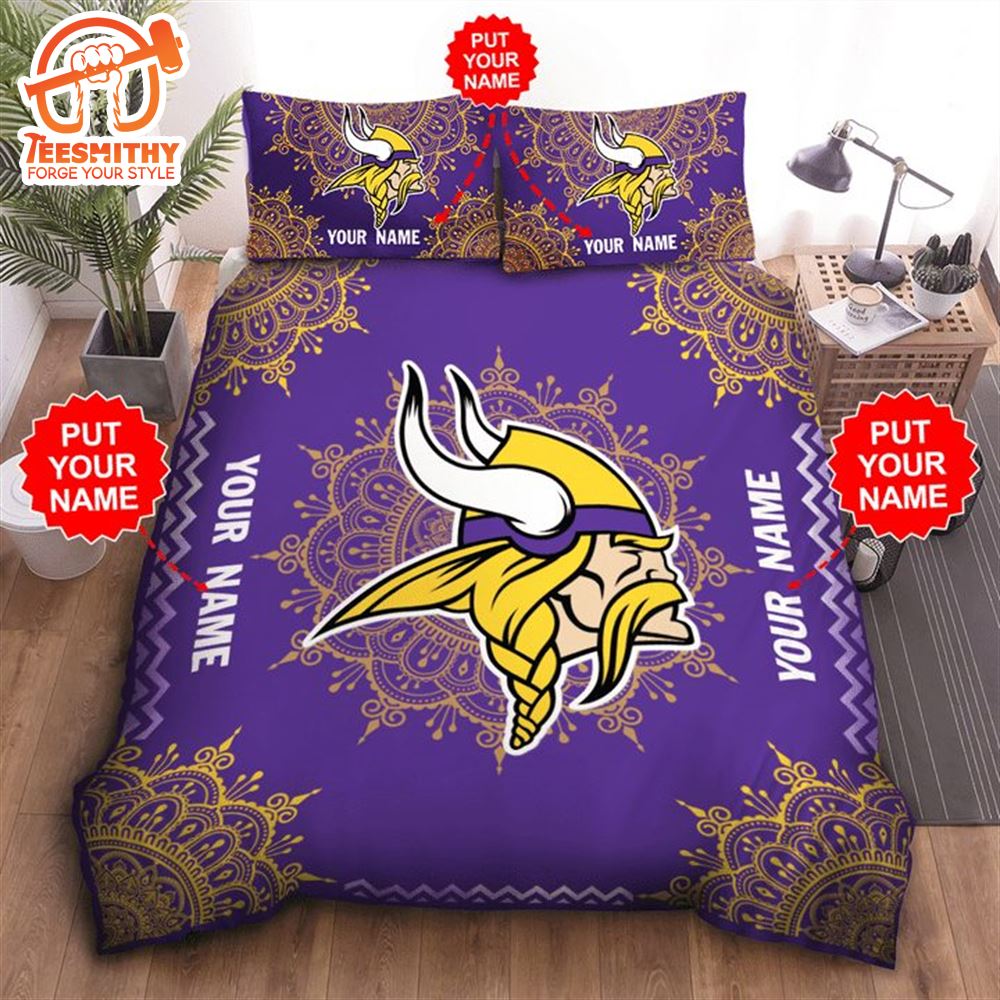 NFL Minnesota Vikings Custom Name Purple Yellow Logo Bedding Set