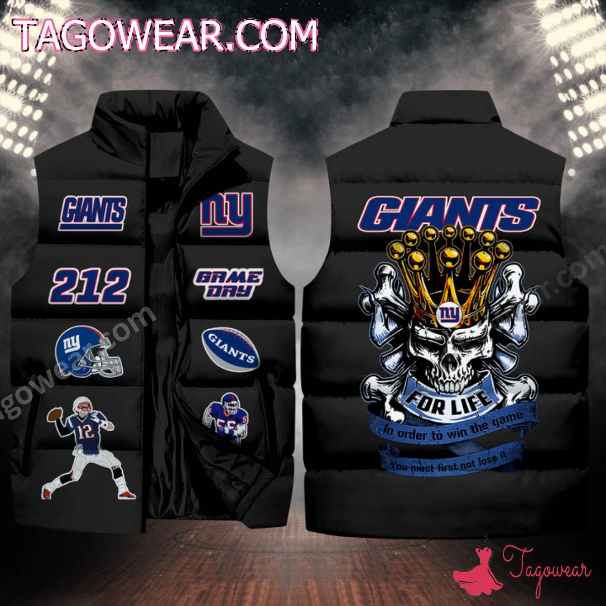 NFL New York Giants Skull For Life In Order To Win The Game Puffer Sleeveless Jacket