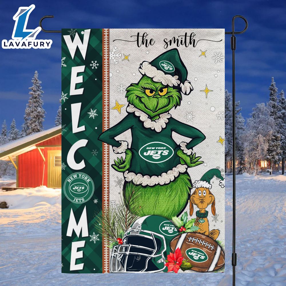 NFL New York Jets Grinch Football Christmas Welcome Garden Flag Custom Name