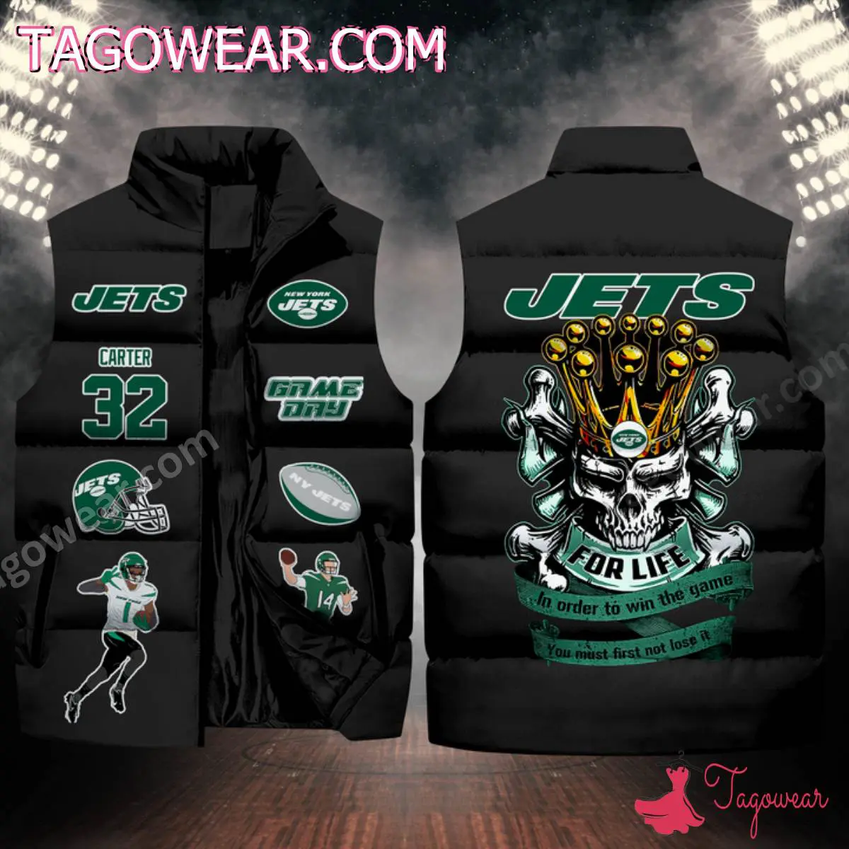 NFL New York Jets Skull For Life In Order To Win The Game Puffer Sleeveless Jacket