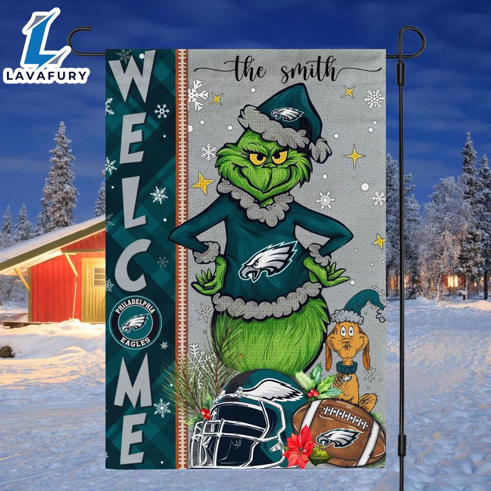 NFL Philadelphia Eagles Grinch Football Christmas Welcome Garden Flag Custom Name