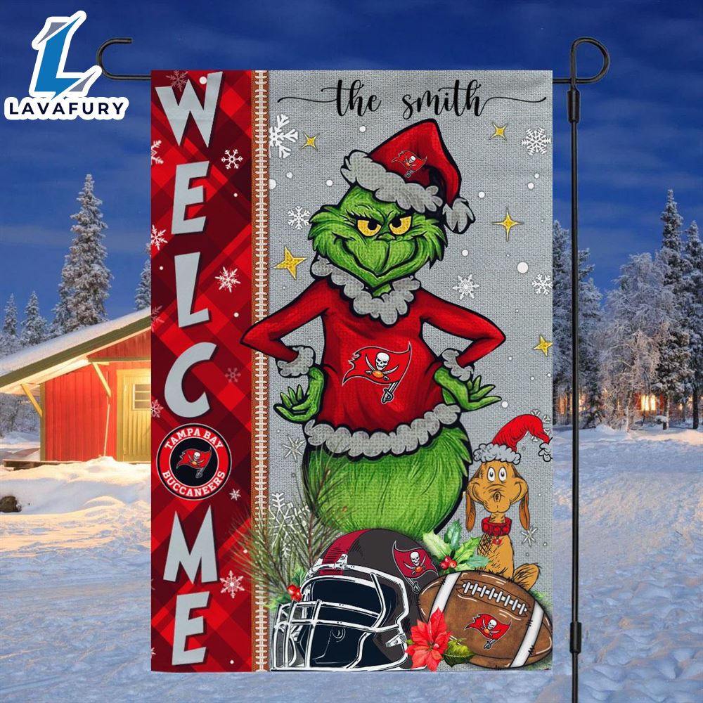 NFL Tampa Bay Buccaneers Grinch Football Christmas Welcome Garden Flag Custom Name