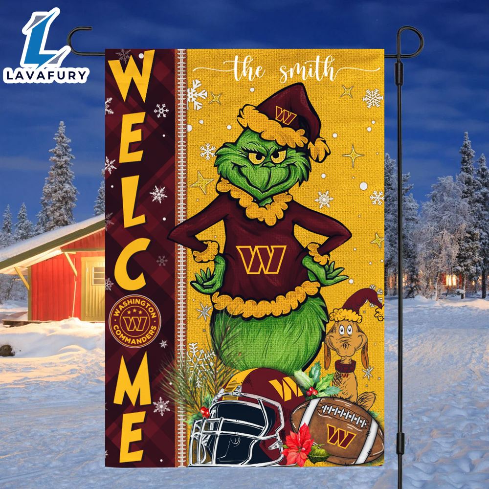 NFL Washington Commanders Grinch Football Christmas Welcome Garden Flag Custom Name