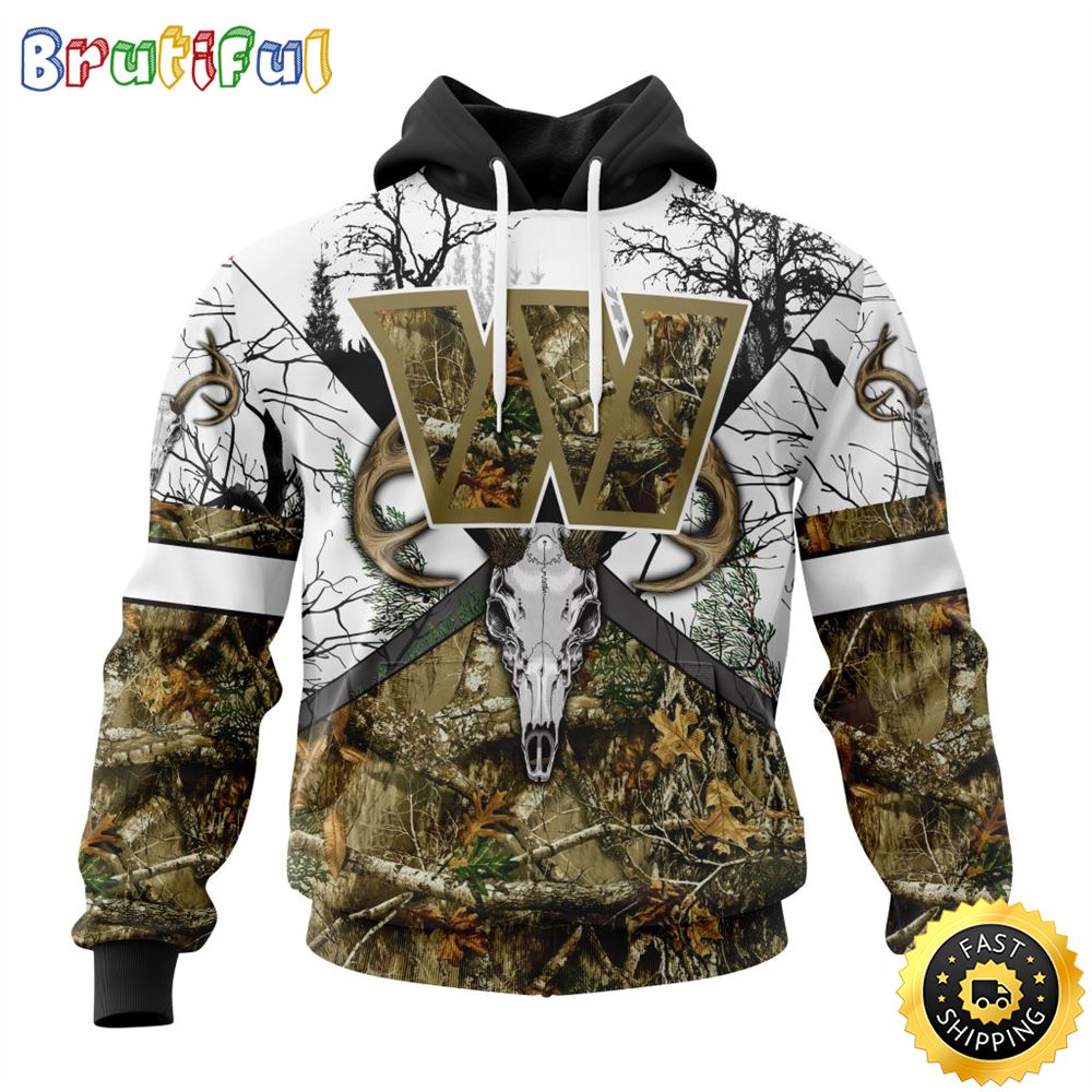 NFL Washington Commanders 3D Hoodie All Over Print Deer Skull And Forest Pattern Custom Name And Number Hoodie 1 hzhapg