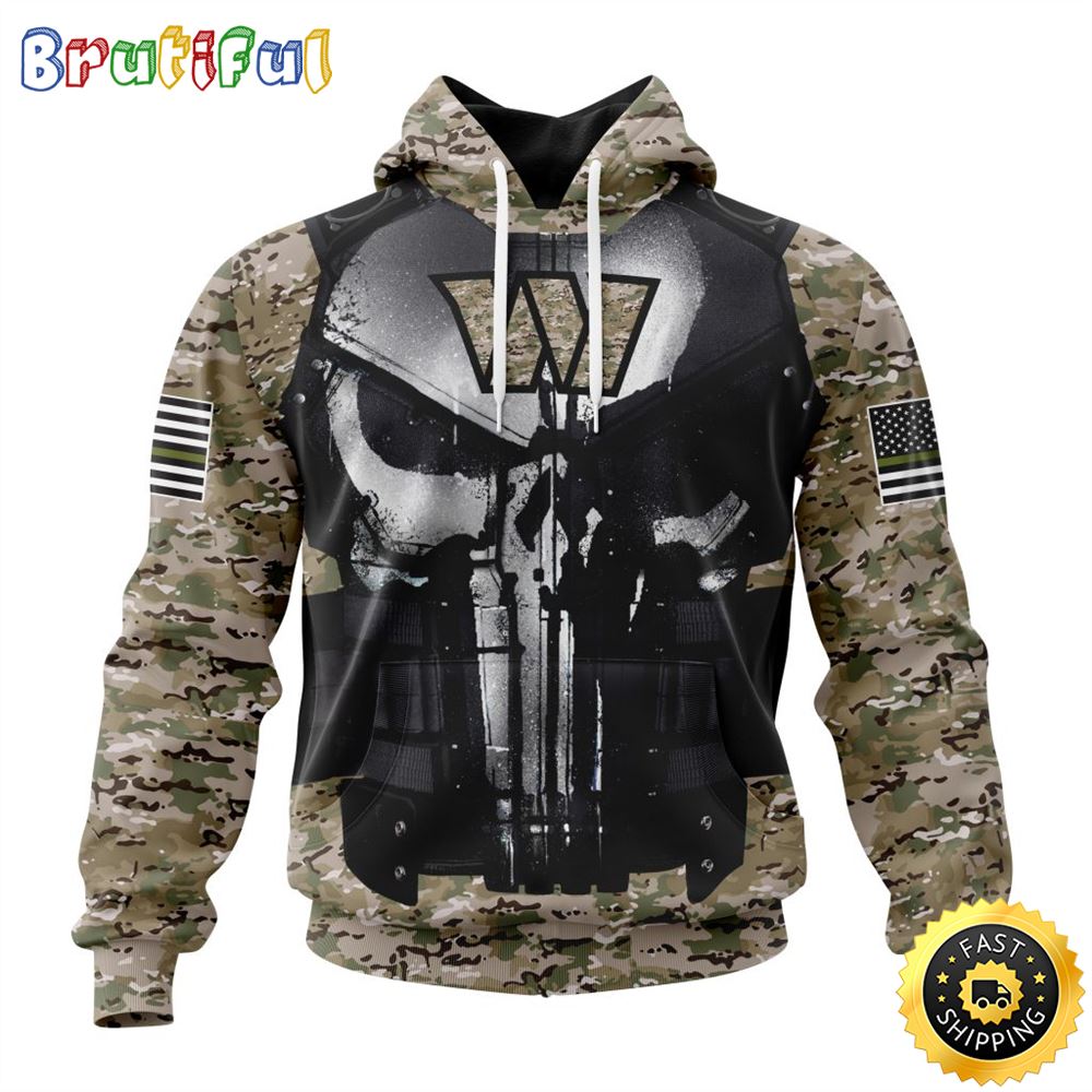 NFL Washington Commanders 3D Hoodie All Over Print Punisher Skull Camo Veteran Kits Custom Name And Number Hoodie 1 s0troy