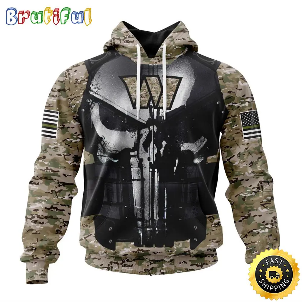 NFL Washington Commanders 3D Hoodie All Over Print Punisher Skull Camo Veteran Kits Custom Name And Number Hoodie 1 s0troy