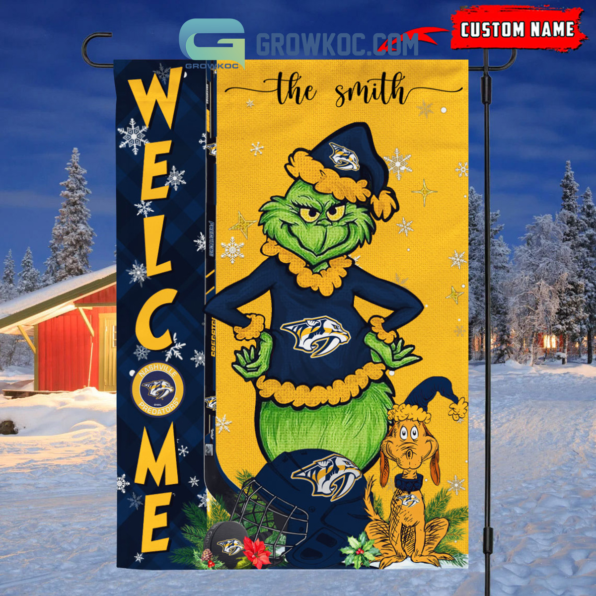 Nashville Predators Grinch Christmas Personalized House Garden Flag Canvas2B1 f9BWn