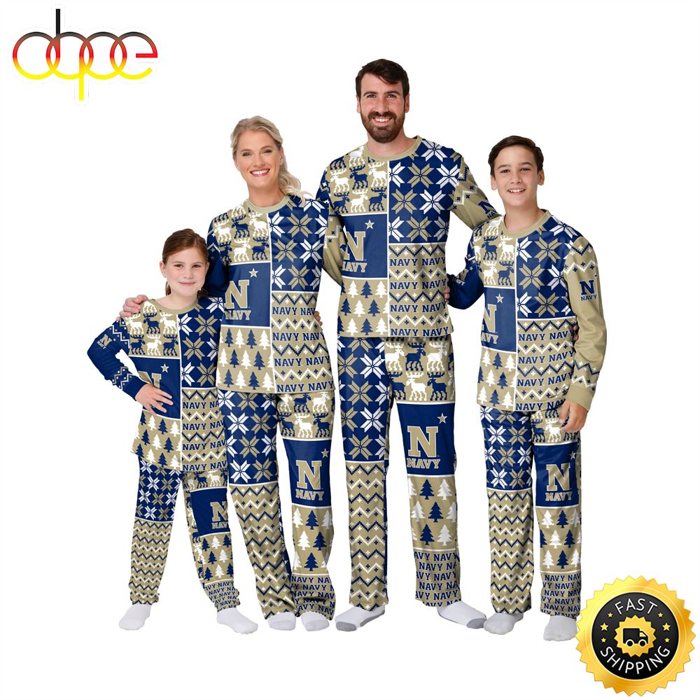Navy Midshipmen NCAA Patterns Essentials Christmas Holiday Family Matching Pajama Sets ezazou