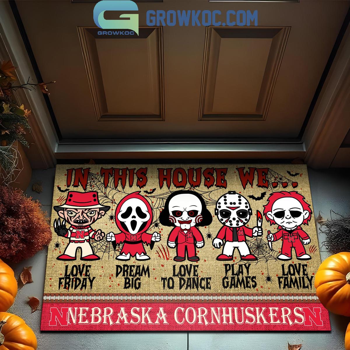 Nebraska Cornhuskers In This House We Love Halloween Horror Movies Doormat 1 GS7YR