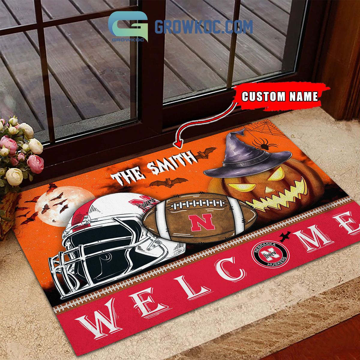 Nebraska Cornhuskers NCAA Football Welcome Halloween Personalized Doormat2B1 NMVPM