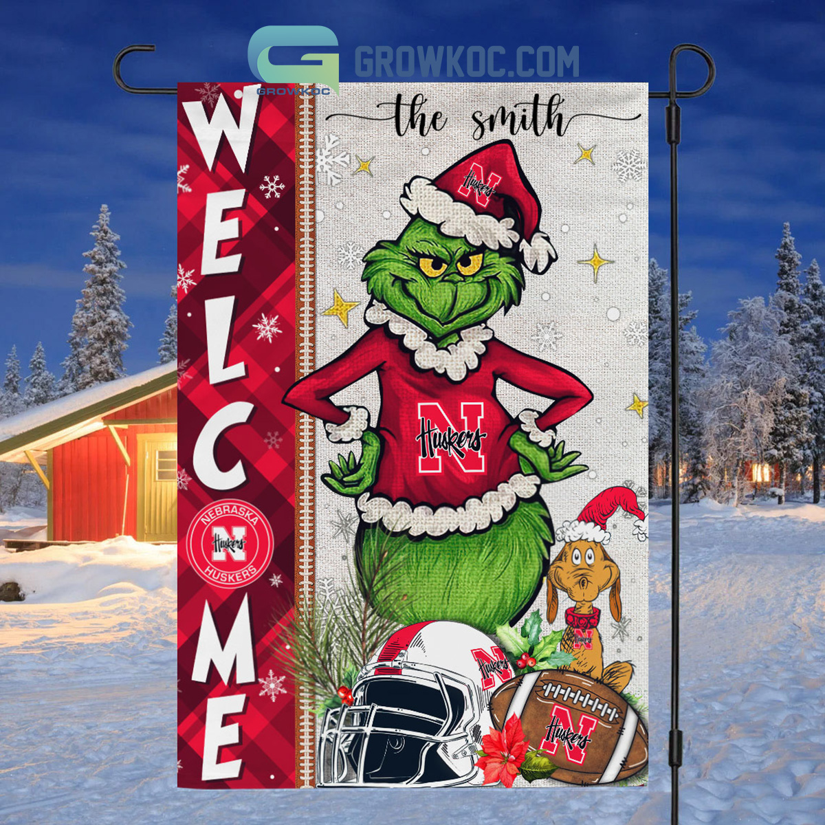 Nebraska Cornhuskers NCAA Grinch Football Welcome Christmas House Garden Flag2B1 bajuB