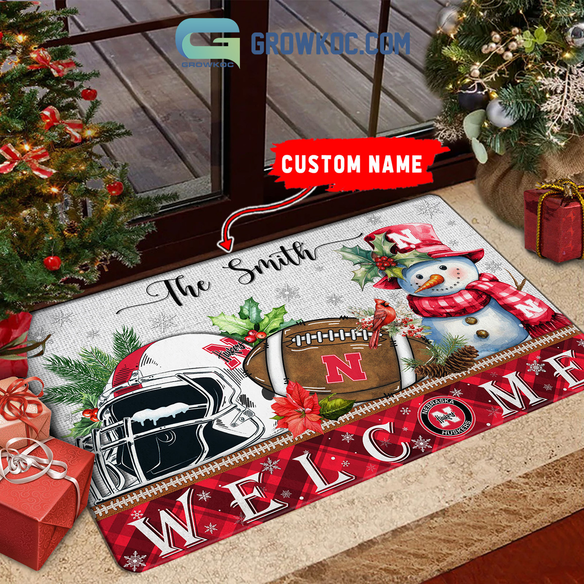 Nebraska Cornhuskers Snowman Welcome Christmas Football Personalized Doormat2B1 VjzkV