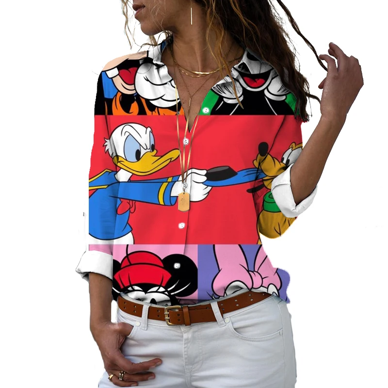 New 2022 Disney Harajuku Slim Fit 3D Printed Women Button Long Sleeve Lapel Mickey Minnie Donald