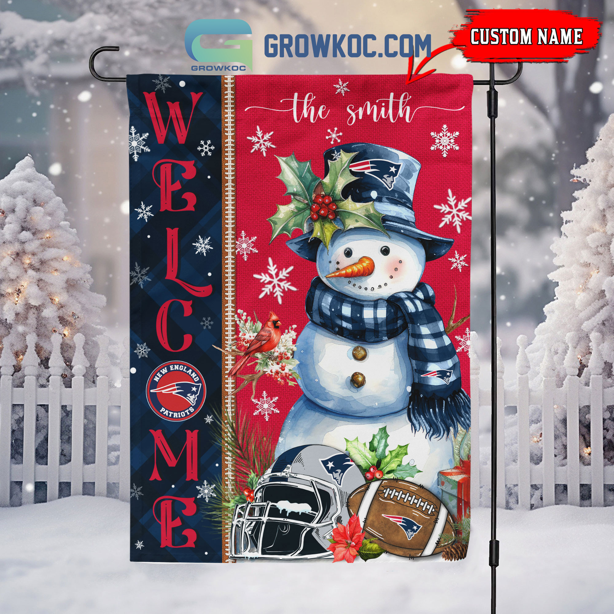 New England Patriots Football Snowman Welcome Christmas Personalized House Gargen Flag2B1 SegFN