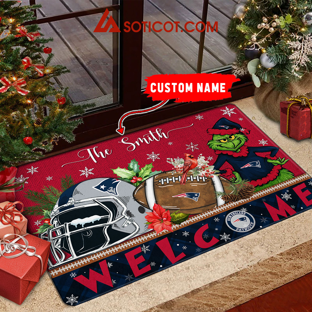 New England Patriots Grinch Welcome Christmas Football Personalized Doormat2B1 h9Gop