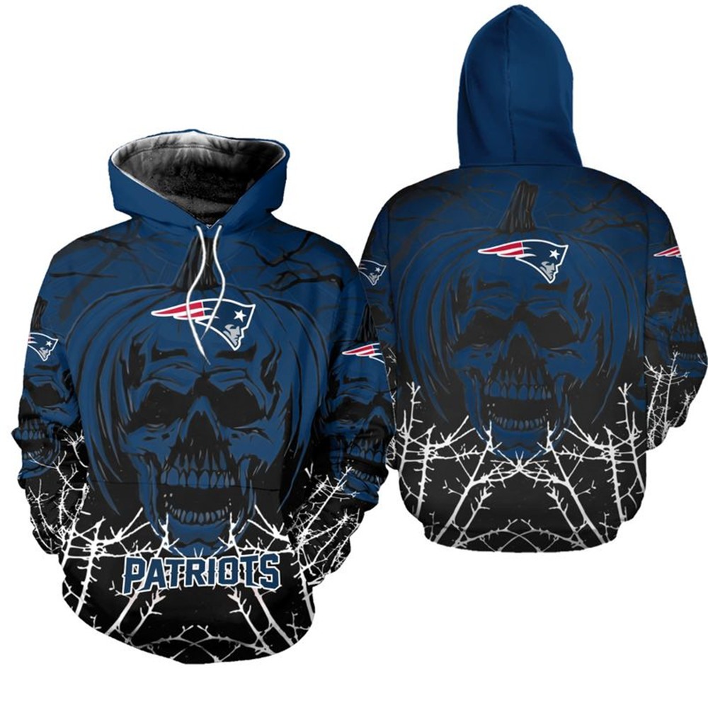 New England Patriots Hoodie Halloween Pumpkin Skull Print Zip Hoodie 0