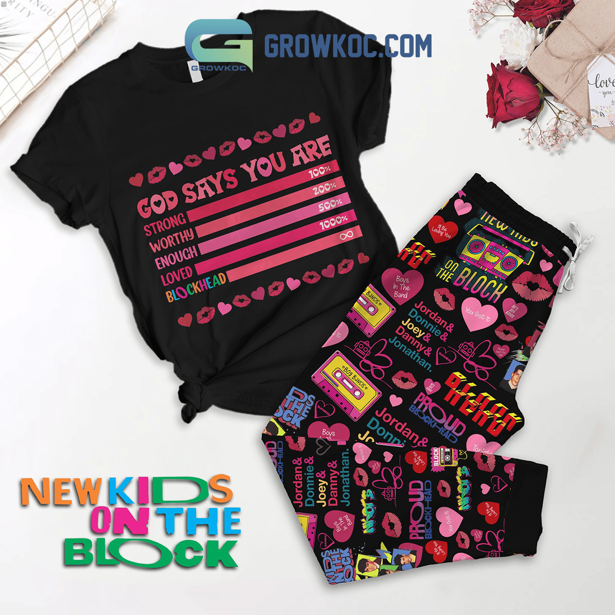 New Kids On The Block NKOTB Valentine Black Fleece Pajamas Set2B1 rHwzl