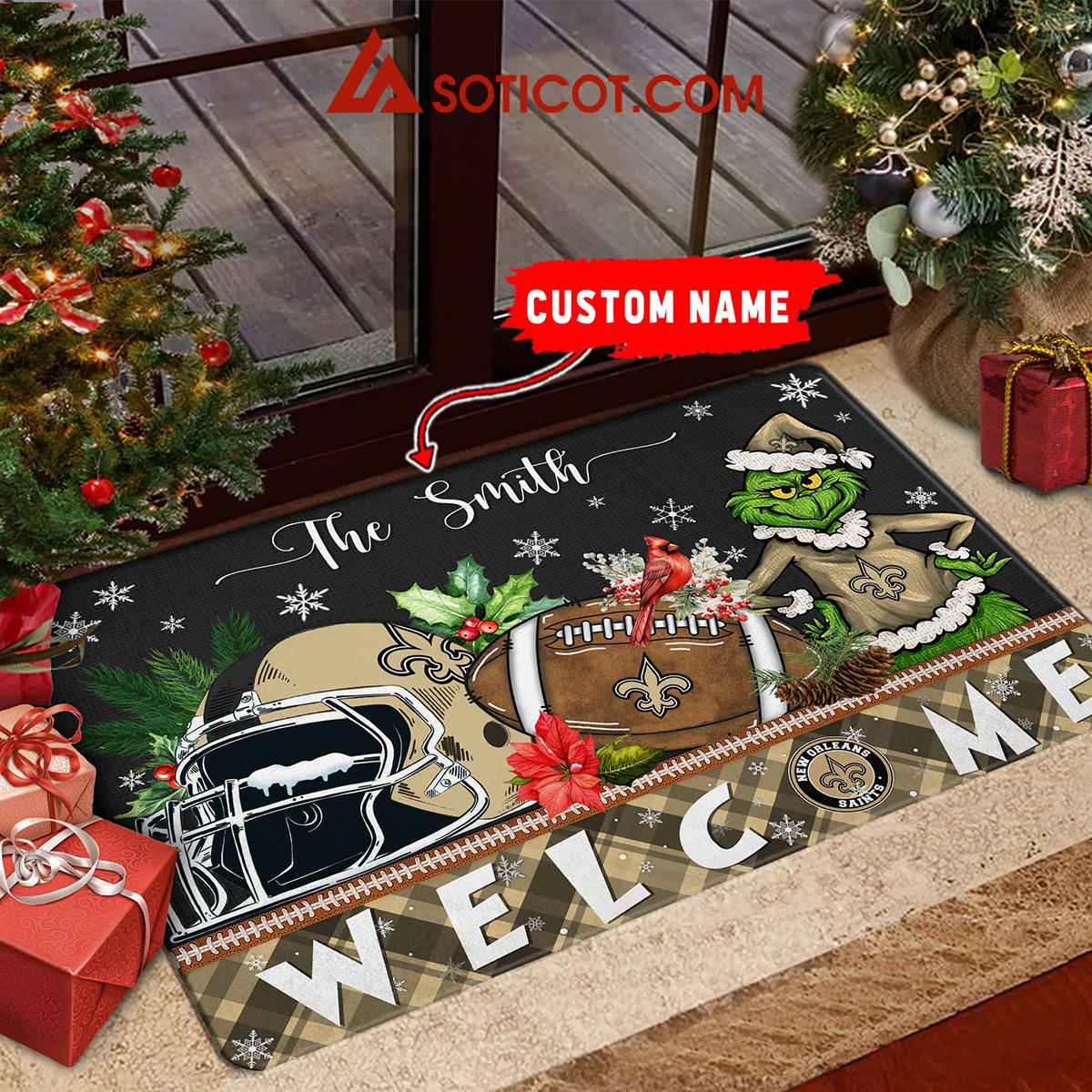 New Orleans Saints Grinch Welcome Christmas Football Personalized Doormat2B1 KxDUS