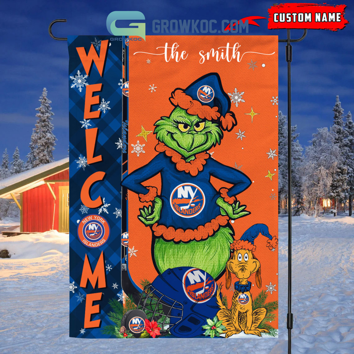 New York Islanders Grinch Christmas Personalized House Garden Flag Canvas2B1 UCXgO