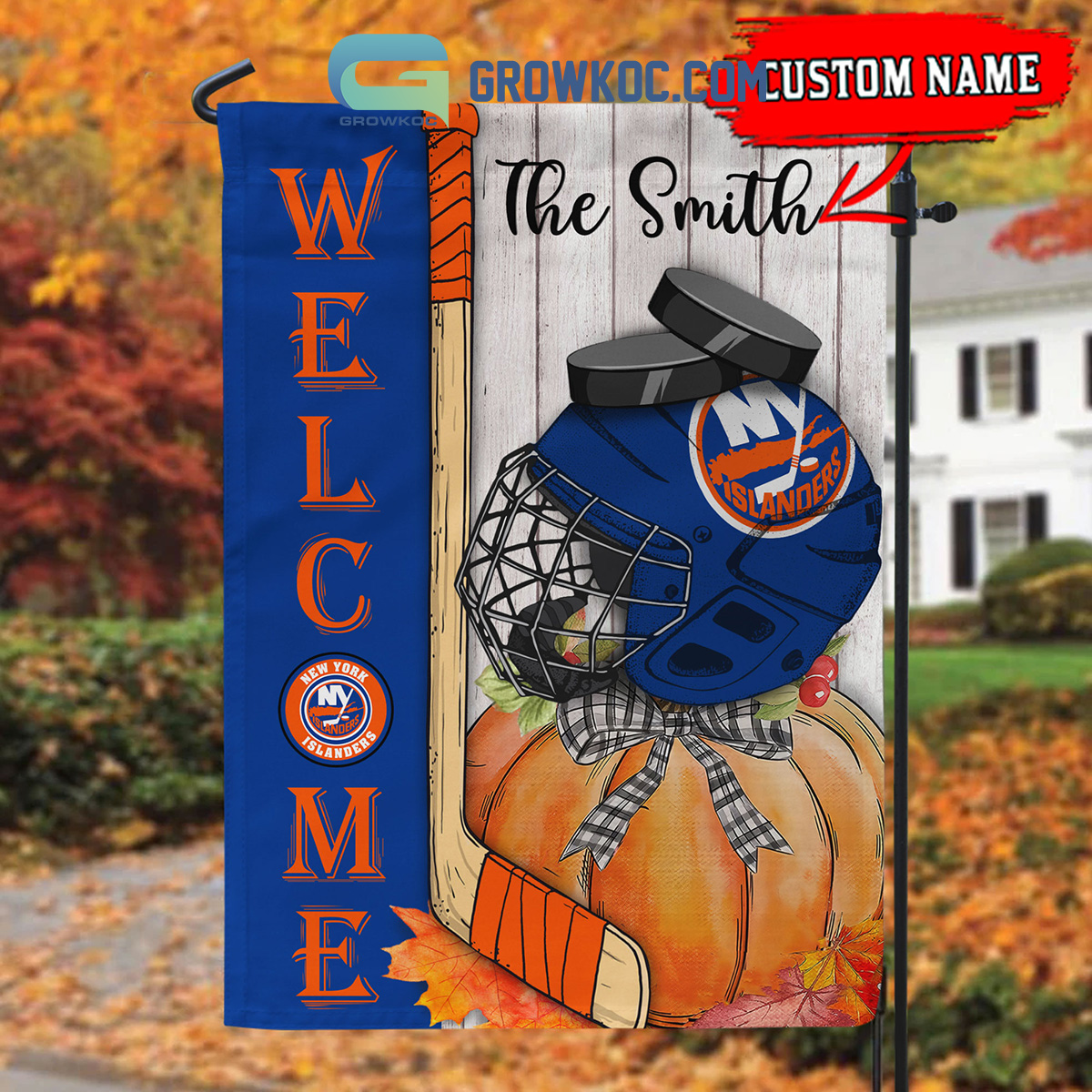 New York Islanders NHL Welcome Fall Pumpkin Personalized House Garden Flag2B1 MZEJb