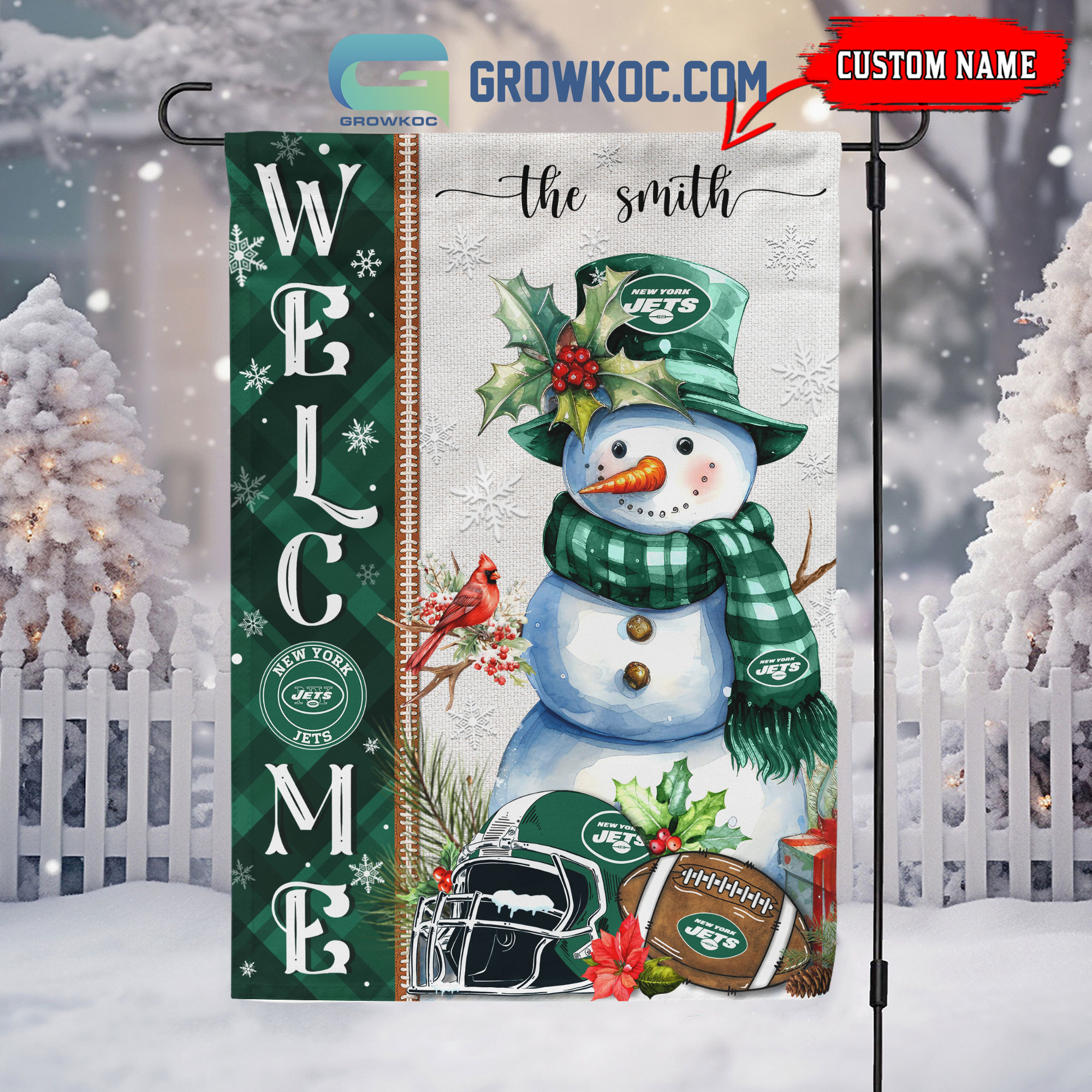 New York Jets Football Snowman Welcome Christmas Personalized House Gargen Flag2B1 ky54k