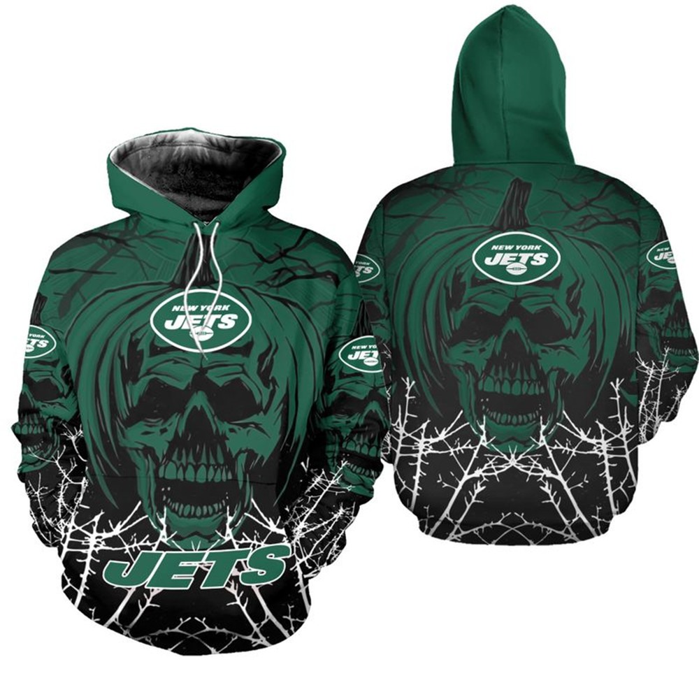 New York Jets Hoodie Halloween Pumpkin Skull Print Zip Hoodie 0