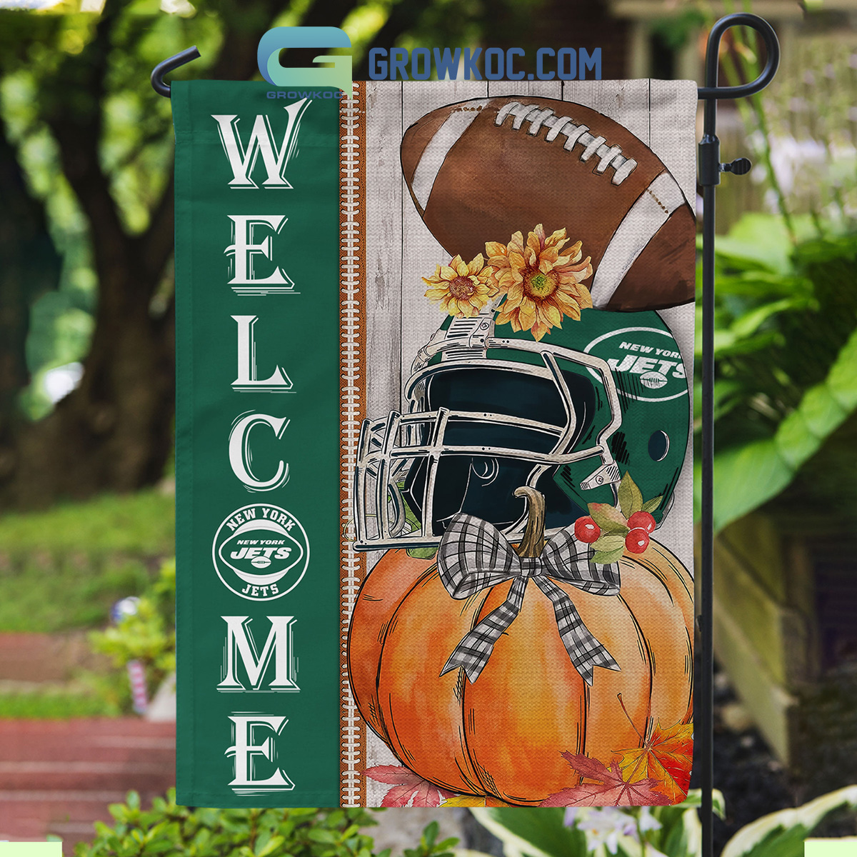 New York Jets NFL Welcome Fall Pumpkin Personalized House Garden Flag2B1 2ivXf