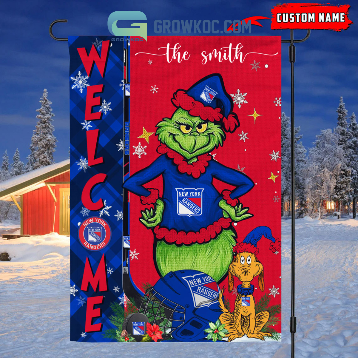 New York Rangers Grinch Christmas Personalized House Garden Flag Canvas2B1 57zlw