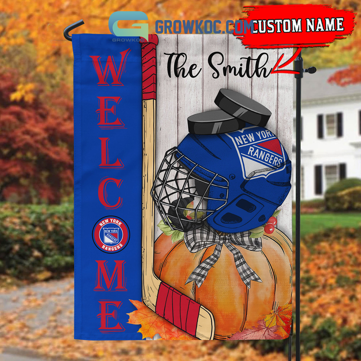 New York Rangers NHL Welcome Fall Pumpkin Personalized House Garden Flag2B1 Z80jV