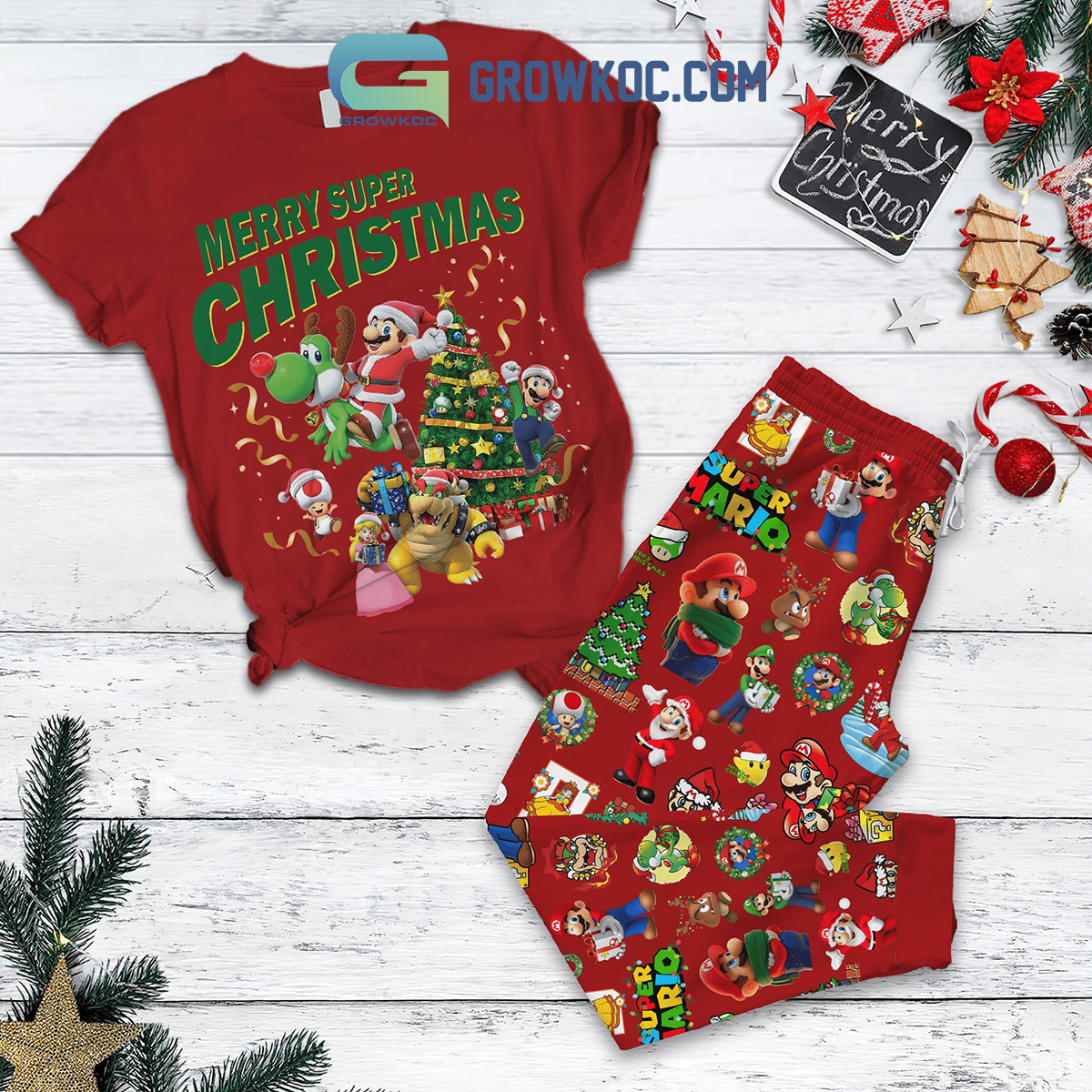 Nintendo Super Mario Merry Super Christmas Santa Mario Christmas Tree Pajamas Set2B0 U86Wr