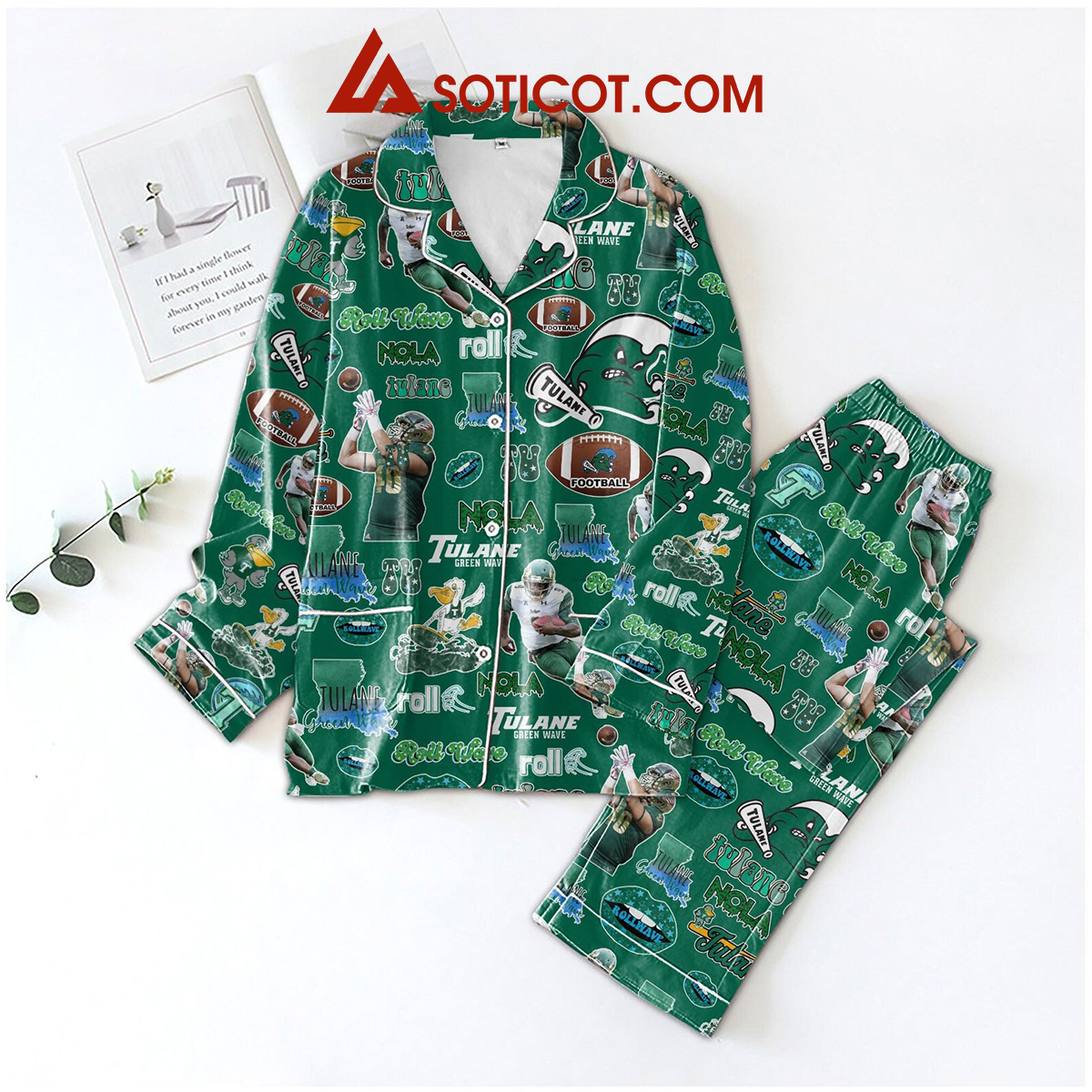 Nola Tulane Green Way Roll Wave Pajamas Set2B1 xYlPo