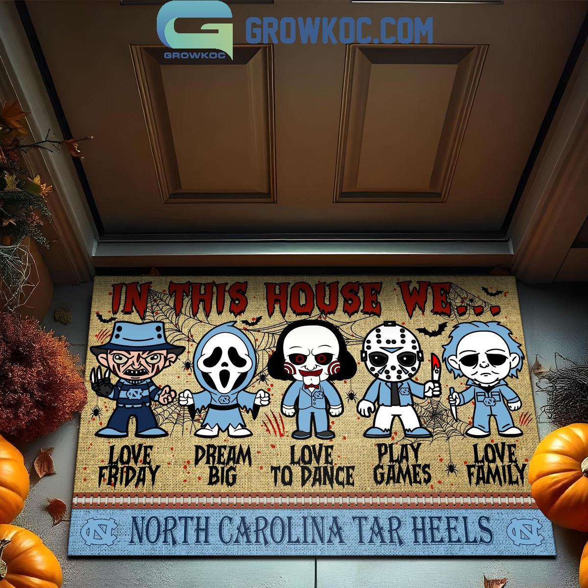 North Carolina Tar Heels In This House We Love Halloween Horror Movies Doormat 1 aYokB