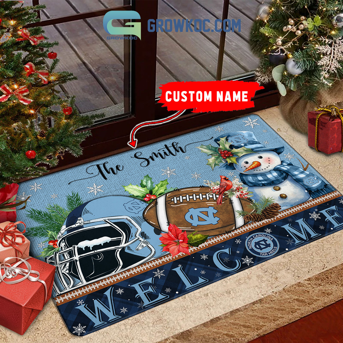 North Carolina Tar Heels Snowman Welcome Christmas Football Personalized Doormat2B1 CT2YJ