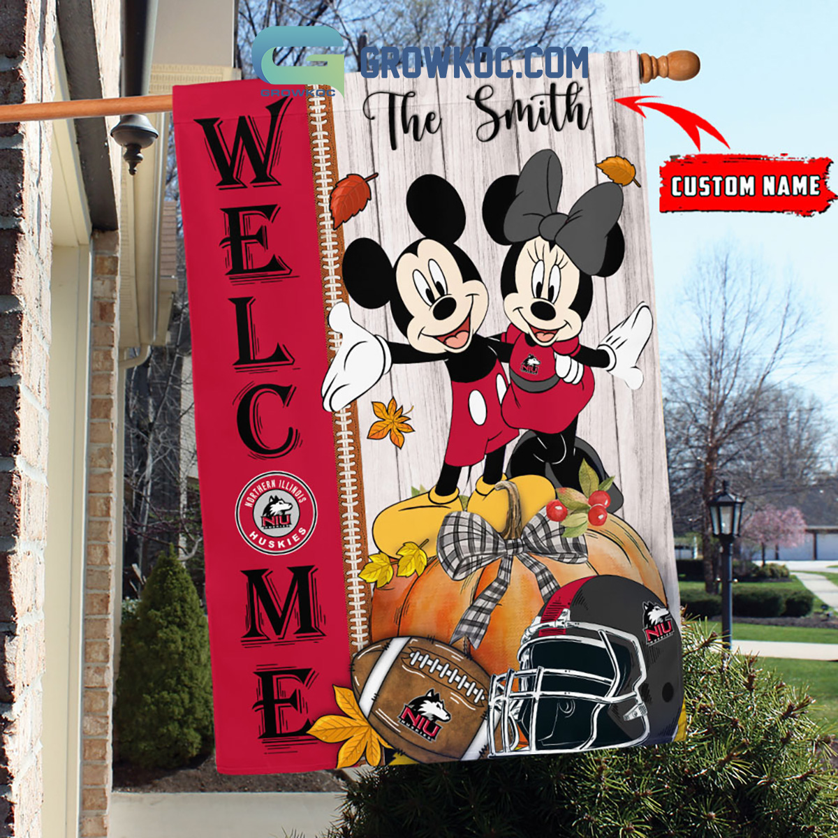 Northern Illinois Huskies NCAA Disney Mickey Minnie Welcome Fall Pumpkin Personalized House Garden Flag2B1 iqbpR