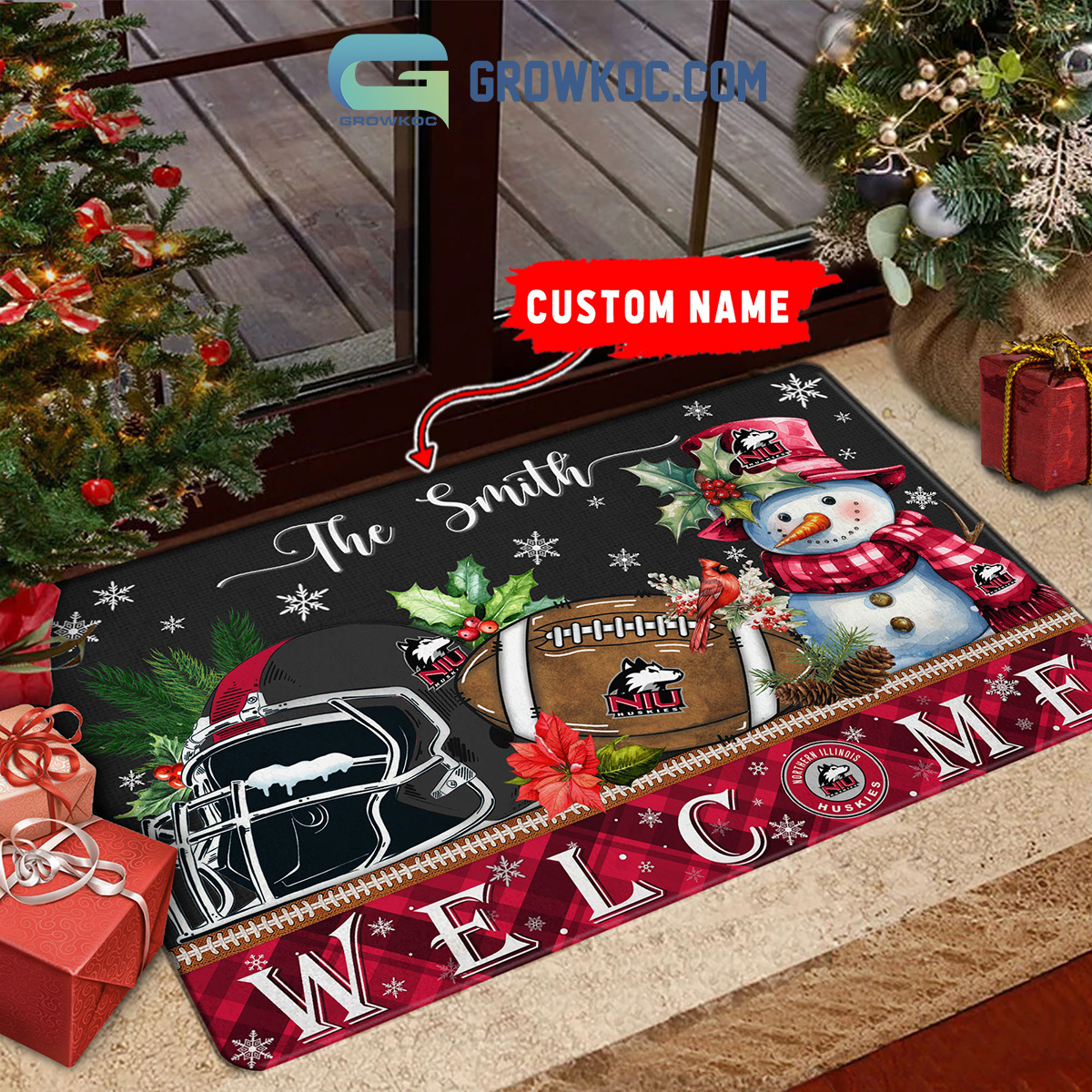 Northern Illinois Huskies Snowman Welcome Christmas Football Personalized Doormat2B1 GWey2