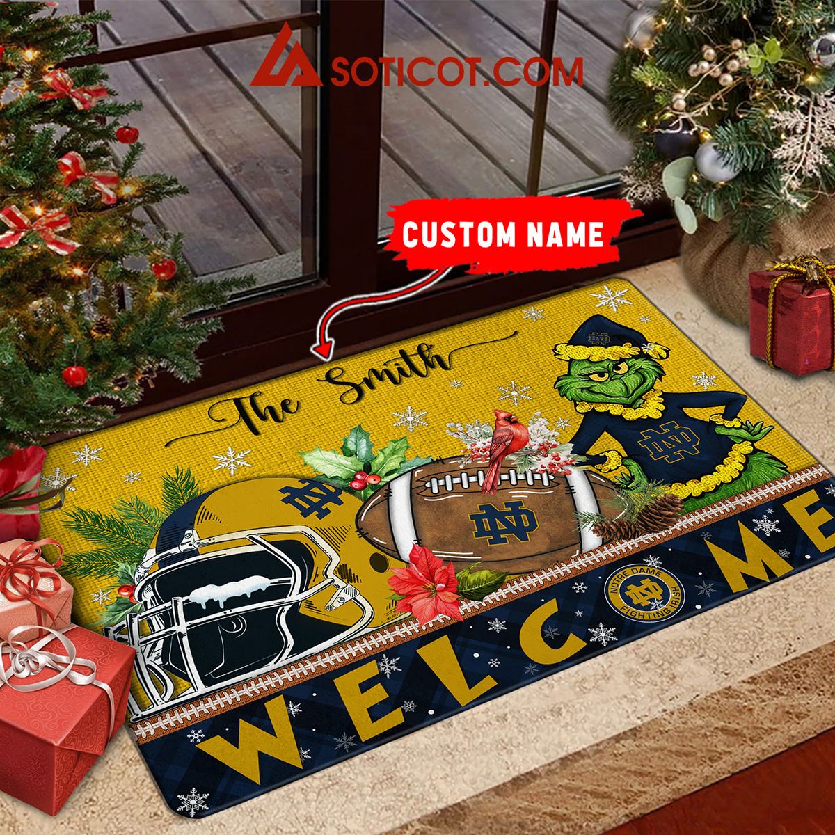 Notre Dame Fighting Irish Grinch Welcome Christmas Football Personalized Doormat2B1 LPAaP