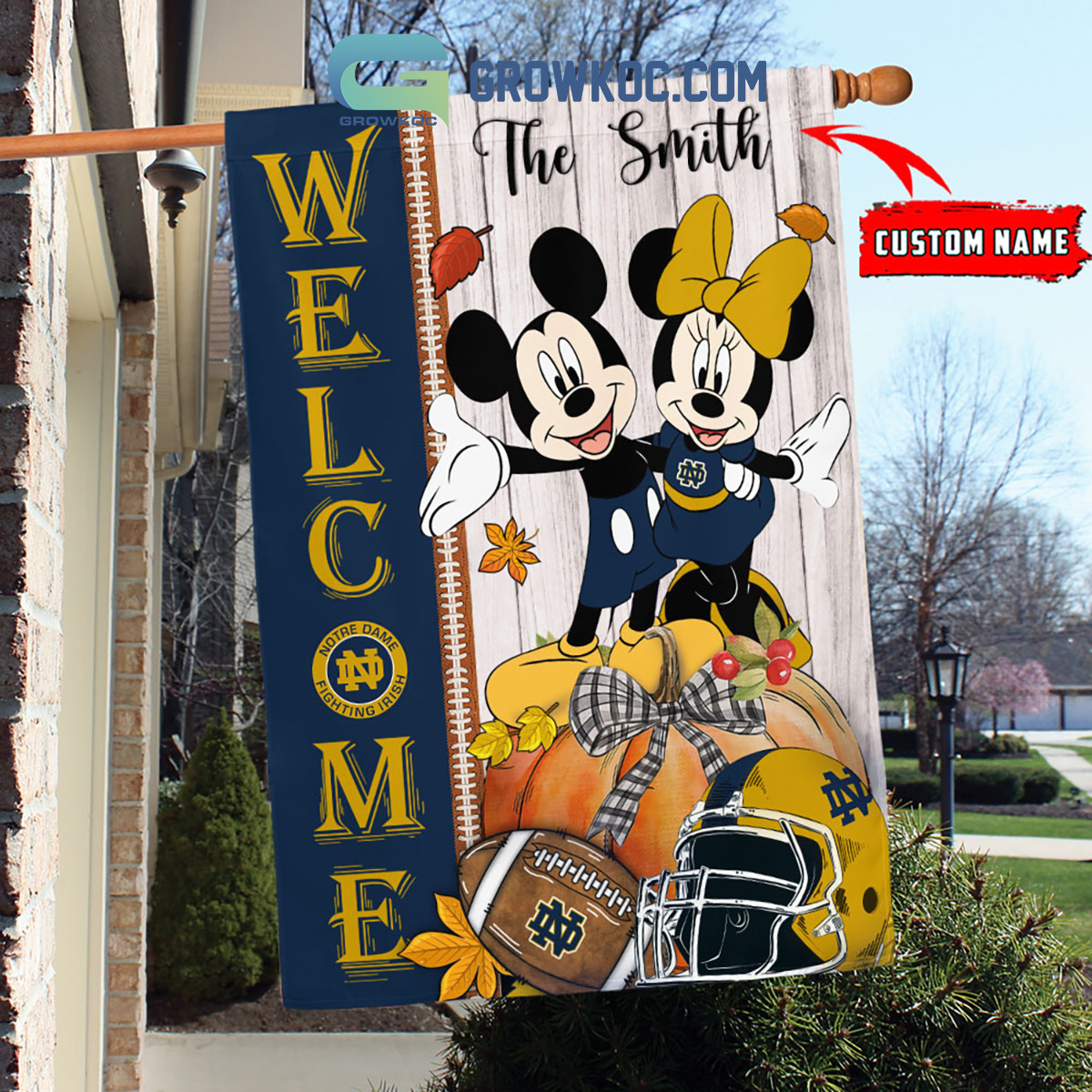 Notre Dame Fighting Irish NCAA Disney Mickey Minnie Welcome Fall Pumpkin Personalized House Garden Flag2B1 paQPJ