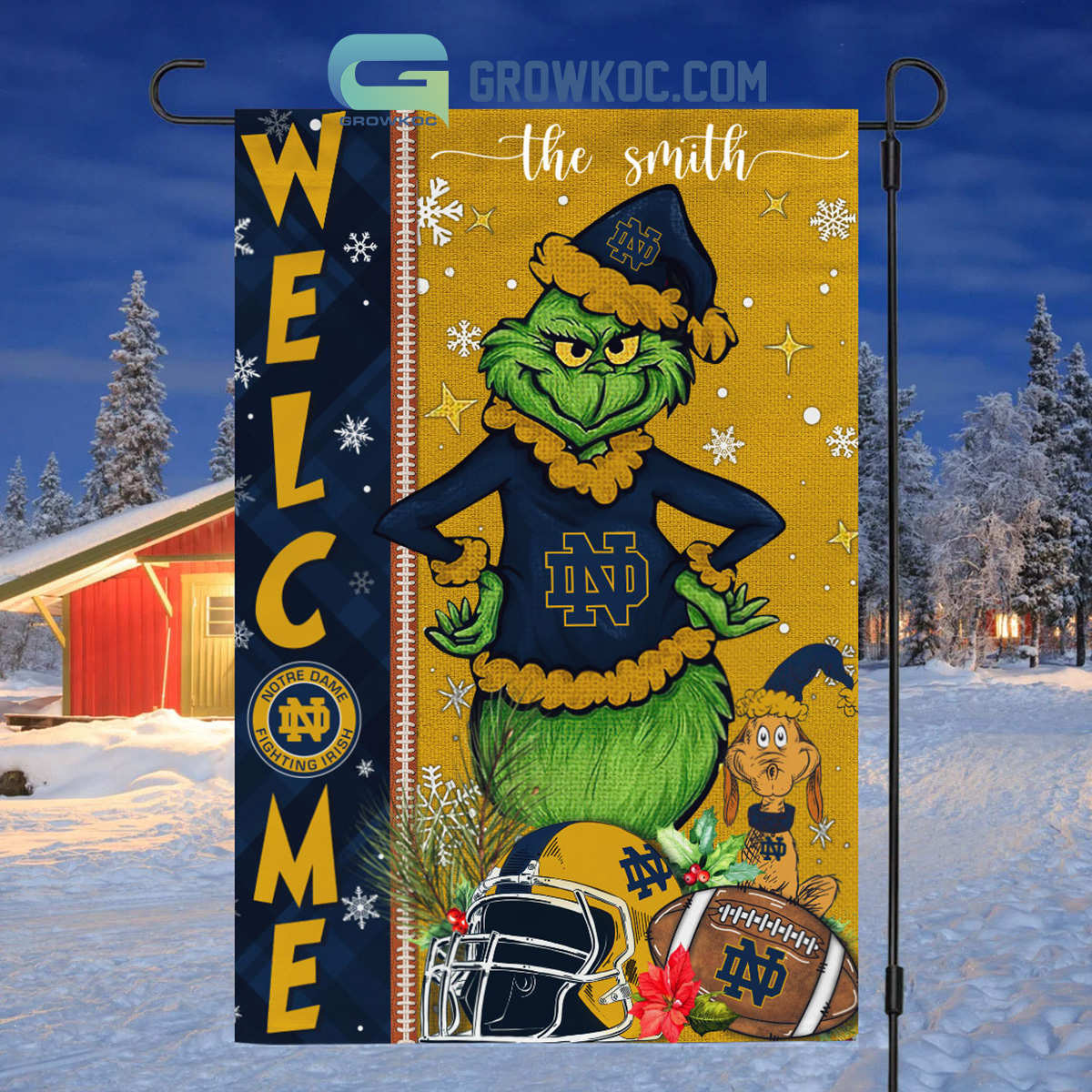 Notre Dame Fighting Irish NCAA Grinch Football Welcome Christmas House Garden Flag2B1 mq1la