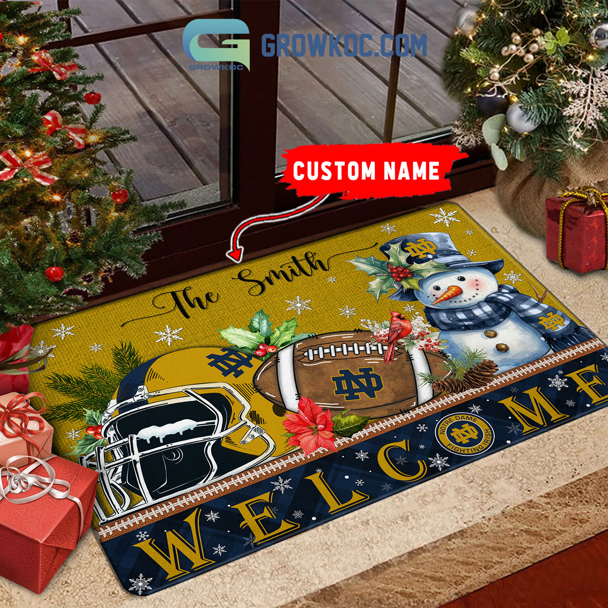 Notre Dame Fighting Irish Snowman Welcome Christmas Football Personalized Doormat2B1 lSC6S