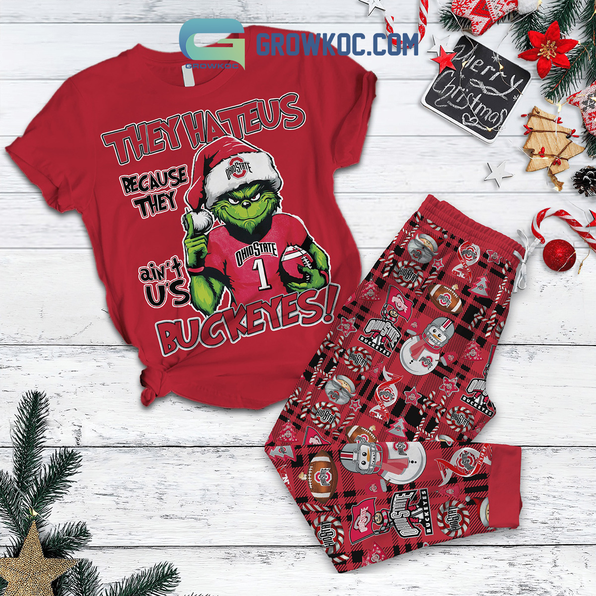 Ohio State Buckeyes Grinch Hate Us Christmas Fleece Pajamas Set2B1 2k2lO