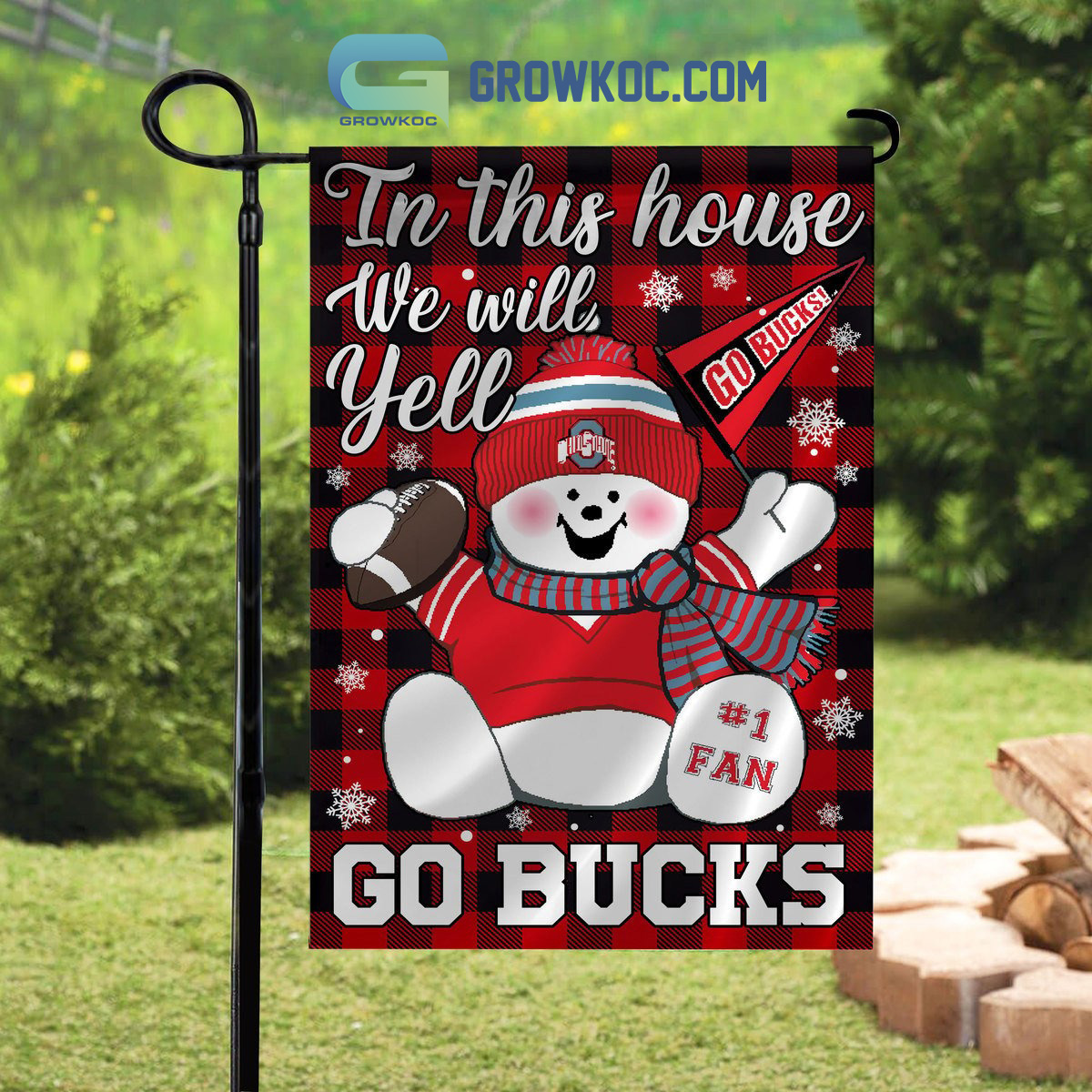 Ohio State Buckeyes Snowman In This Home We Will Yell Go Bucks Christmas Garden Flag Canvas 2B1 xTFNo