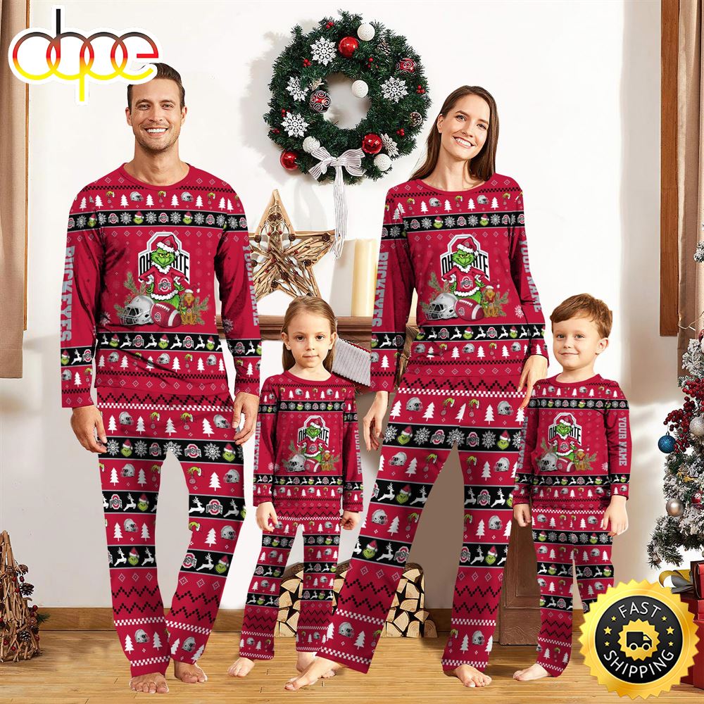 Ohio State Buckeyes NCAA Custom Name Grinch Christmas And Sport Team Pajama Set lr2qf8