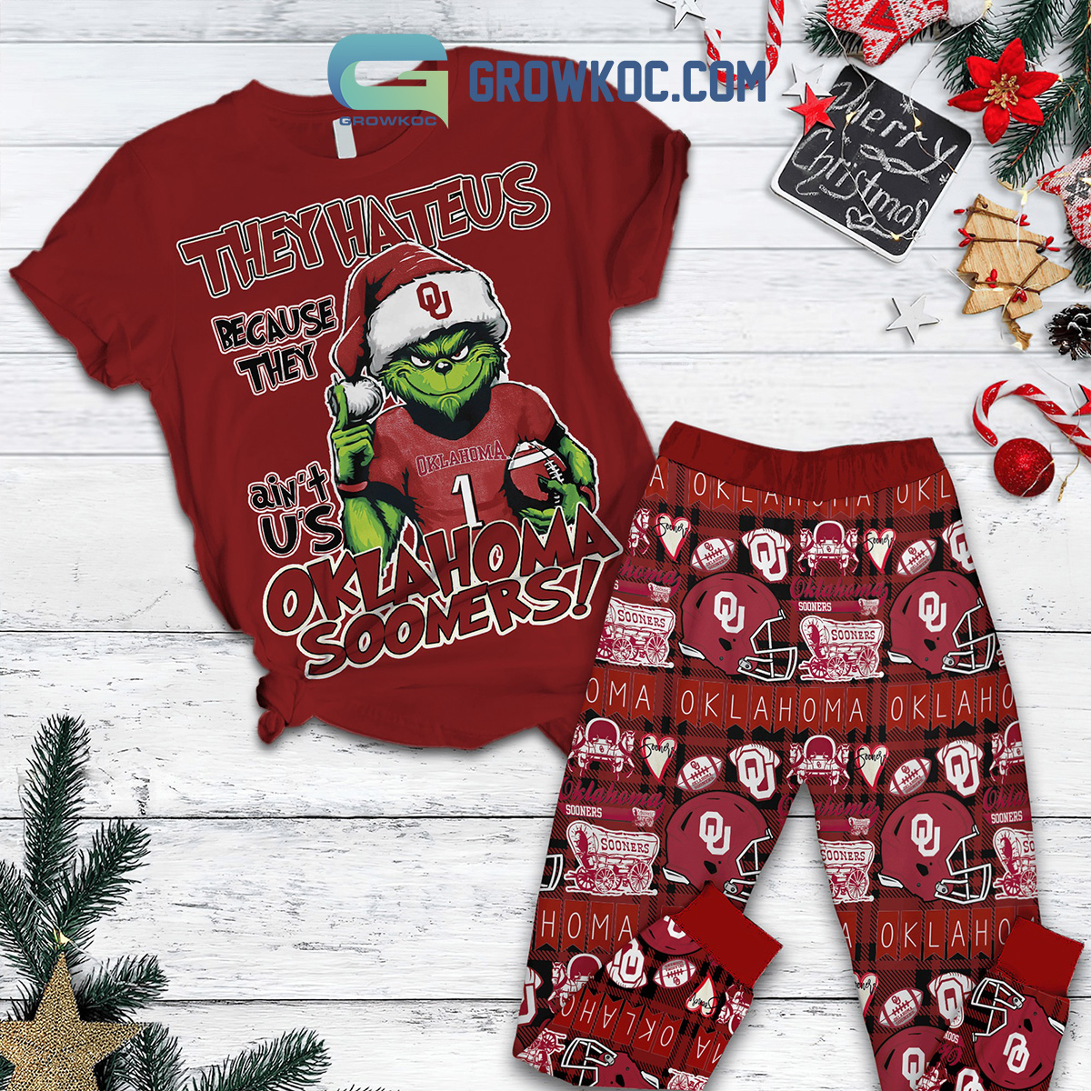 Oklahoma Sooners Grinch Hate Us Christmas Fleece Pajamas Set2B1 YzZMI