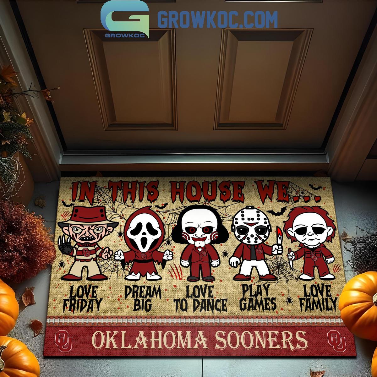 Oklahoma Sooners In This House We Love Halloween Horror Movies Doormat 1 JqBzv