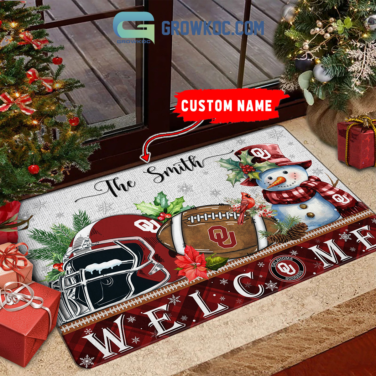 Oklahoma Sooners Snowman Welcome Christmas Football Personalized Doormat2B1 AkHPX