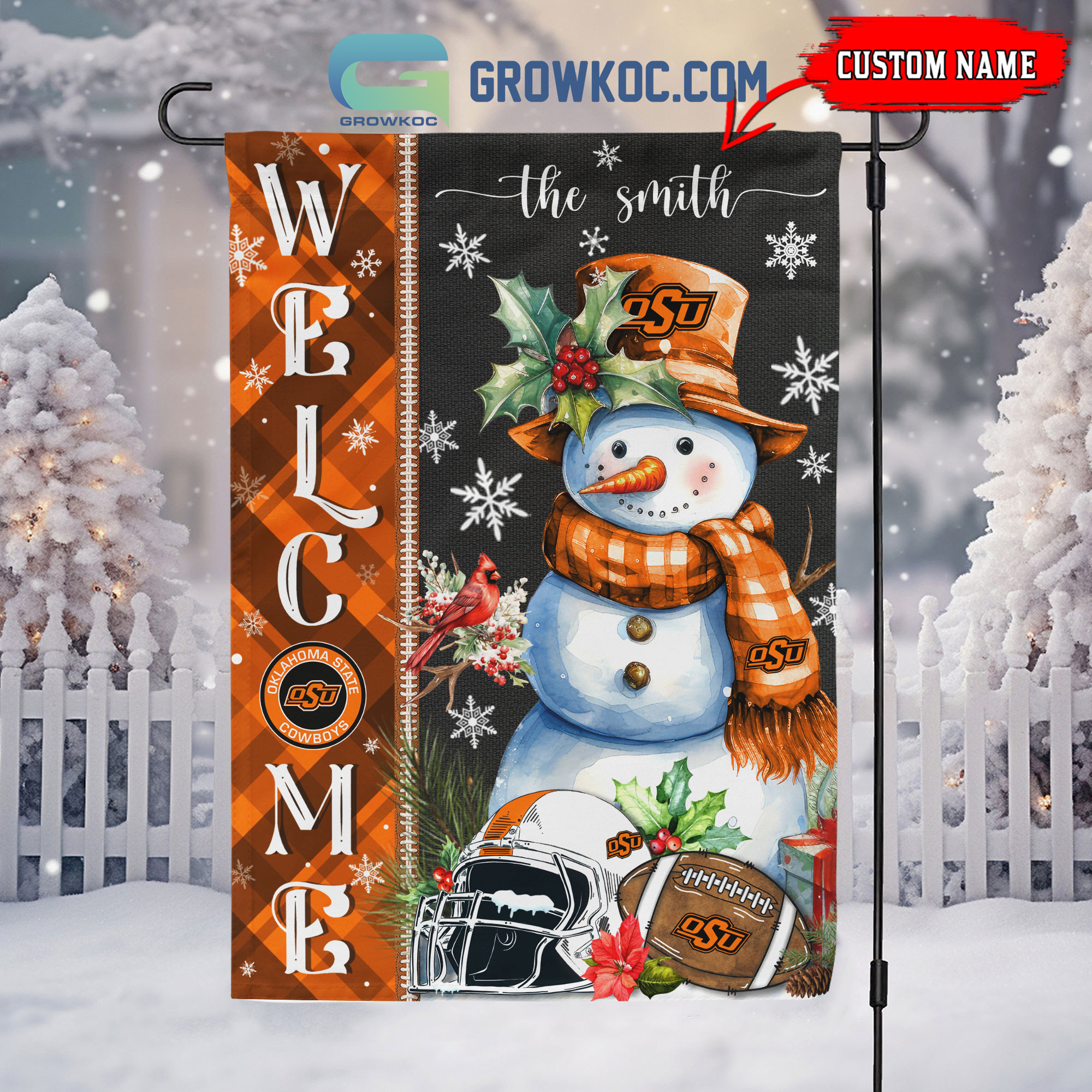 Oklahoma State Cowboys Football Snowman Welcome Christmas House Garden Flag2B1 kGwVu